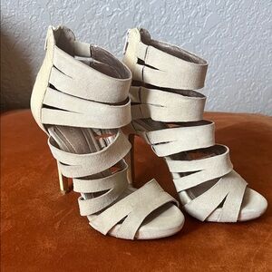 BCBGeneration Nude Beige Strappy High Heel Sandals